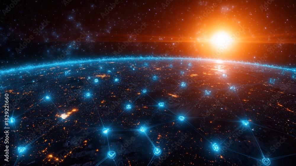 Obraz premium A digital globe shows interconnected points glowing against a vibrant sunrise in deep space