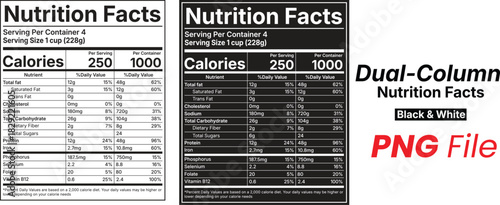 Dual-column Nutrition Facts labels Vector file in black and white, showcasing both light and dark versions And PNG file