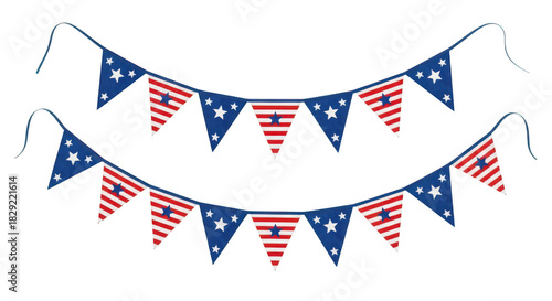 Two strings of patriotic american flag bunting pennant banners with stars and stripes isolated on transparent background