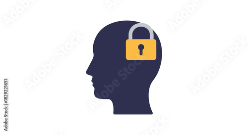 locked mindset closed mind preventing new ideas representing mental health block against innovation in a navy head silhouette with gold lock