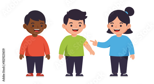 Kids vaccine happy children pointing to arm bandage after vaccination promoting child health and immunization awareness campaigns