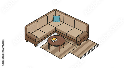 living room interior design showing a corner couch a round table and a rug perfect for home decor blogs interior design websites and ads