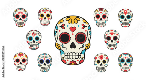 Sugar skulls illustration for day of the dead offering a colorful celebration of mexican tradition and festive artistry in a whimsical design.