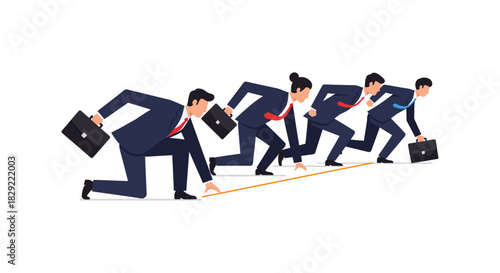 business competition businessmen racing from starting line with briefcases illustrating ambition and corporate rivalry in the competitive market
