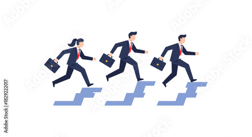 Business people climbing stairs running towards success in a career representing ambition and progress in a corporate environment ideal for growth