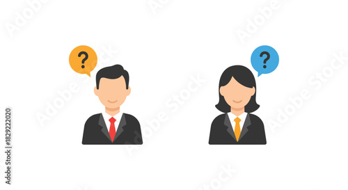 Business people with questions man and woman with question marks seeking answers ideal for problem solving in corporate marketing materials.