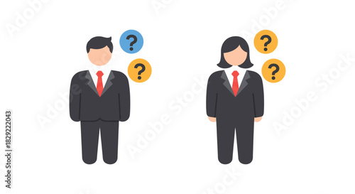 business questions from colleagues a businessman and businesswoman thinking unsure about work in doubt for articles on decision making  strategy