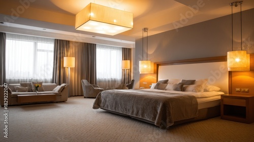 Modern hotel bedroom interior with large window, stylish lighting, and elegant furniture creating a cozy and inviting atmosphere for relaxation