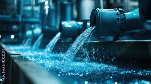 Cascading water flows from pipes in an industrial setting, cool blue tones