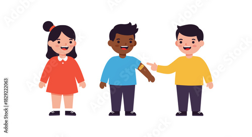 Children getting vaccinated Kids with bandage after vaccination cheerful children pointing to vaccinated arm perfect for health campaigns and education material.