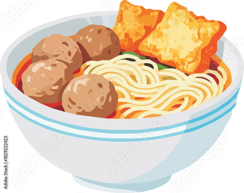 Delicious bowl of Indonesian noodle soup featuring savory meatballs and crispy tofu, perfect for food blogs, culinary websites, and restaurant promotions