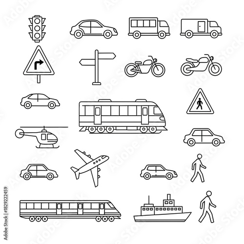 Diverse collection of transportation icons including cars, trains, motorcycles, aircraft, boats, and traffic signals for modern design projects.