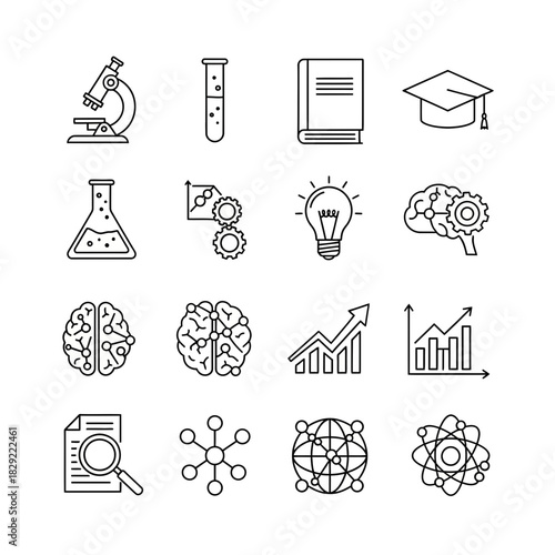 Unlock innovation with a collection of modern science, education, and business icons featuring microscopes, brains, lightbulbs, and graphs