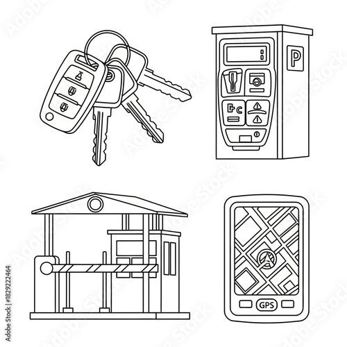 Modern car keys, parking meter, toll booth, and GPS device icons for travel and urban navigation convenience