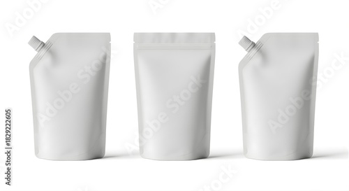 Collection of White Spout Pouch Packaging Mockups for Liquid Food or Cosmetic Products Standing Upright in Various Angles Ready for Branding and Design on Background