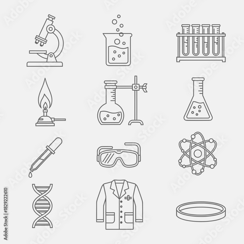 Essential science laboratory equipment collection showcasing research tools, DNA, and atom for educational or medical innovation projects