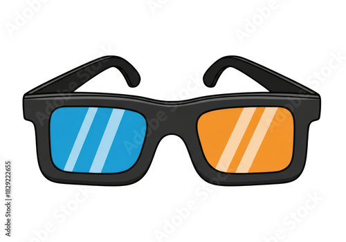Cartoon illustration of a pair of black anaglyph 3d glasses with blue and orange lenses isolated on transparent background