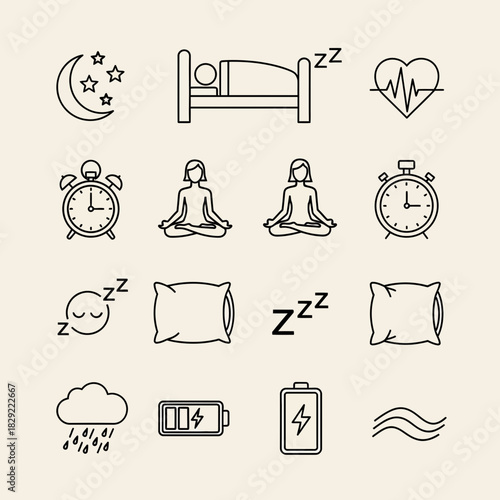 Discover tranquility and wellness with icons for sleep, meditation, energy, and healthy living, perfect for modern digital design projects.