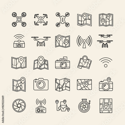 Modern drone and navigation icons capturing aerial photography travel and exploration perfect for tech business and adventure themes