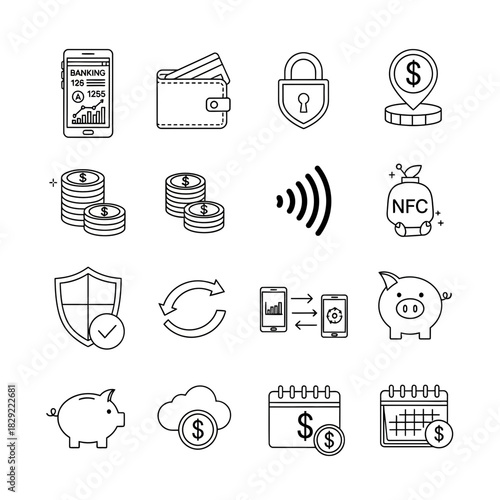 Diverse finance icons representing modern banking, secure transactions, saving, and payment methods for digital businesses.
