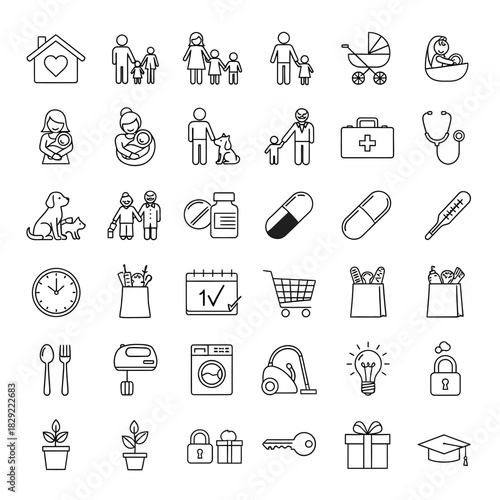 Essential modern icons representing family, health, home, and daily life activities in a clean, graphic style perfect for websites and apps