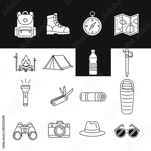 Essential outdoor adventure gear collection for camping and hiking, including backpack, boots, compass, map, tent, and sleeping bag for exploration.