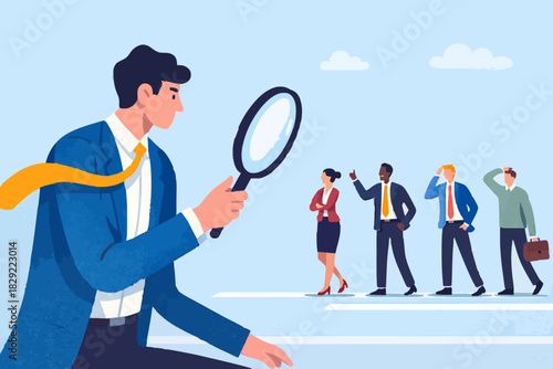 Recruitment searching the best candidate or job, Human resources, head hunt, choosing talent for job vacancy concept, employer boss or HR use magnifying glass to choose job interview people