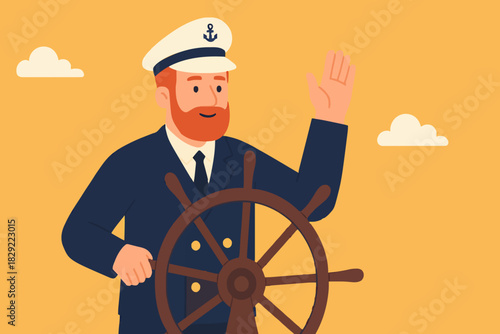 Business leadership and visionary to lead company success, career direction or work achievement concept, smart businessman boat captain control steering wheel helm with telescope vision.
