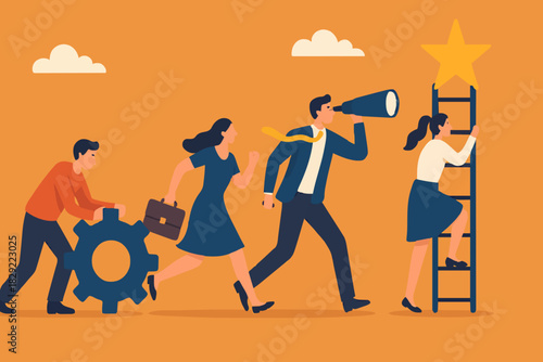 Recruitment, human resources searching for candidate, hiring or finding staff for vacancy, marketing search for client or customer concept, business people searching with binoculars and megaphone.