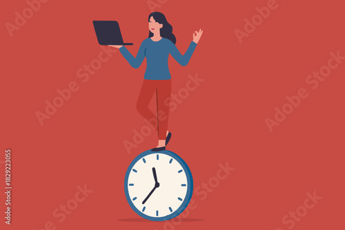 Flexible working hours, work life balance or focus and time management while working from home concept, young lady woman working with laptop while doing yoga or meditation on clock face.