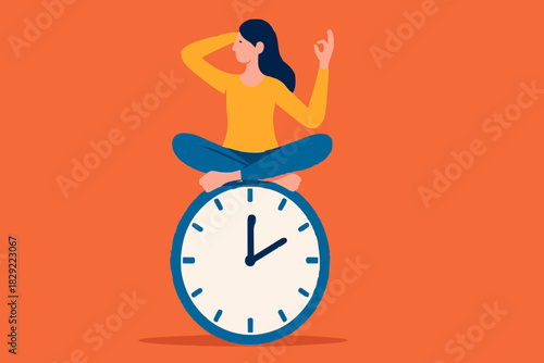 Flexible working hours, work life balance or focus and time management while working from home concept, young lady woman working with laptop while doing yoga or meditation on clock face.