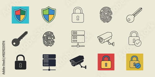 Collection of security and data protection icons including shields locks fingerprint and surveillance cameras vactor