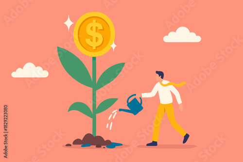 Financial or investment growth, increase earning profit and capital gain, success in wealth management concept, smart businessman investor finish watering growing money plant seedling with coin flower