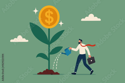 Financial or investment growth, increase earning profit and capital gain, success in wealth management concept, smart businessman investor finish watering growing money plant seedling with coin flower
