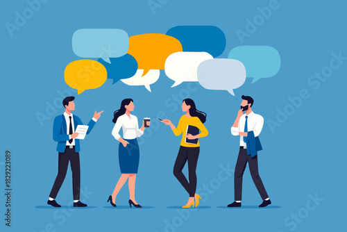Discussion, conversation or brainstorming for idea, meeting, debate or team communication, colleague chatting, opinion concept, business team coworker discussing work in meeting with speech bubbles.