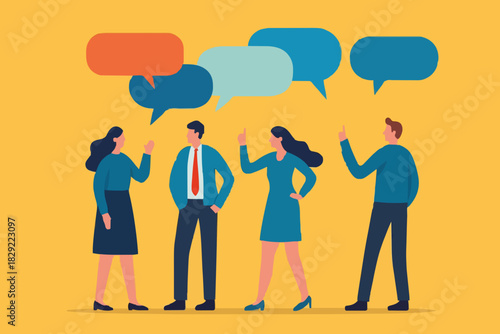 Discussion, conversation or brainstorming for idea, meeting, debate or team communication, colleague chatting, opinion concept, business team coworker discussing work in meeting with speech bubbles.