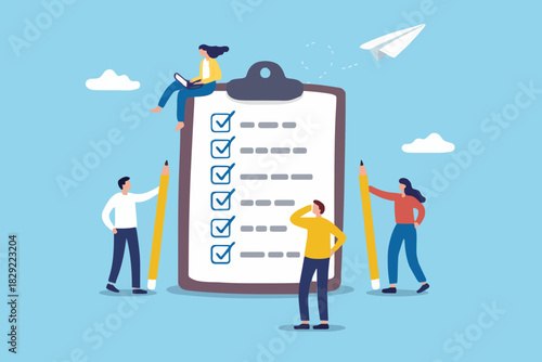 Checklist to complete project task, accomplish work checkmark, todo list clipboard or project status report, plan to finish work concept, business people holding pencil complete task checkbox.