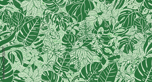 Dense seamless pattern of various tropical leaves in a vibrant two-tone green, featuring intricate stippled texture for a lush jungle effect.