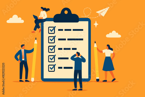 Checklist to complete project task, accomplish work checkmark, todo list clipboard or project status report, plan to finish work concept, business people holding pencil complete task checkbox.