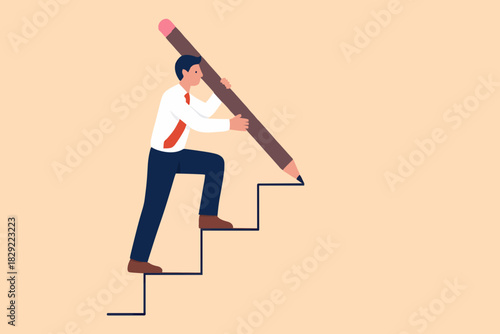 Business development successful, strategy to reach business target or career path achievement concept, smart businessman use huge pencil to draw rising up staircase and walk climbing up ladder.