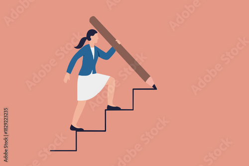 Business development successful, strategy to reach business target or career path achievement concept, smart businessman use huge pencil to draw rising up staircase and walk climbing up ladder.