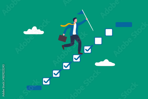 Progression from start to success, development or improvement, challenge to progress and win competition, tasks completion to finish project, businessman step on checklist to progress to target.