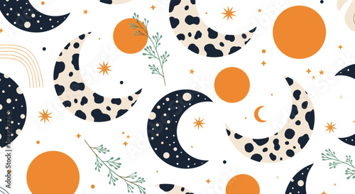 Whimsical seamless pattern featuring boho-style crescent moons with animal print, suns, and botanical elements on a clean white background.