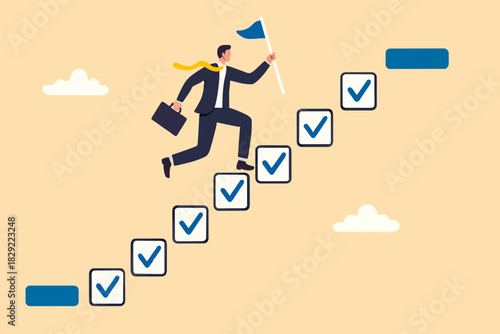 Progression from start to success, development or improvement, challenge to progress and win competition, tasks completion to finish project, businessman step on checklist to progress to target.