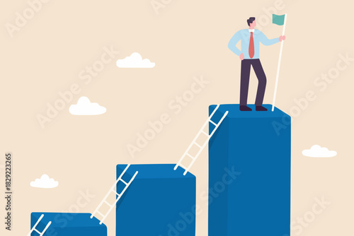 Step to grow business, ladder of success, progress, improvement or development to achieve goal, growth journey, career path concept, businessman climb up ladder step by step on graph to achieve goal.