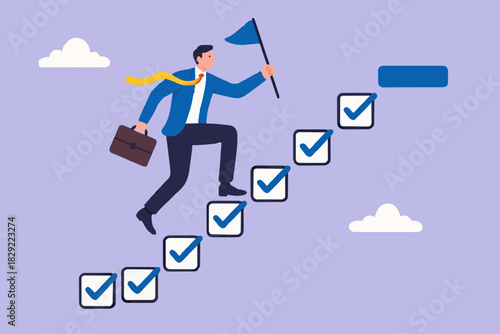 Progression from start to success, development or improvement, challenge to progress and win competition, tasks completion to finish project, businessman step on checklist to progress to target.
