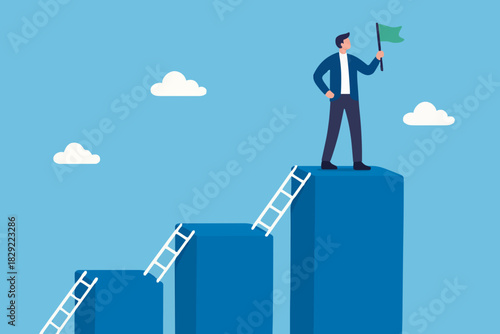 Step to grow business, ladder of success, progress, improvement or development to achieve goal, growth journey, career path concept, businessman climb up ladder step by step on graph to achieve goal.