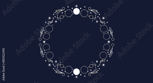 Celestial circular frame composed of moon phases, stars, and comets in white line art on a dark navy blue background.