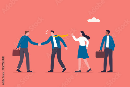 Onboarding new employee, warm welcome to new office, introduce new hire to colleagues, orientation training on first day concept, businessman manager handshake welcome and introduce new staff to team.