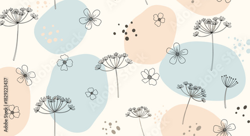 Delicate seamless pattern featuring hand-drawn dill flowers and abstract organic shapes in soft pastel colors for a gentle, modern look.